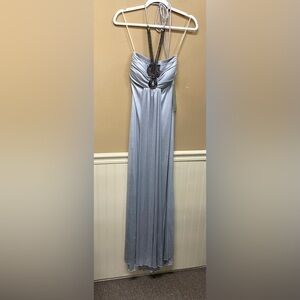 My Michelle Formal Event Full Length Silver Metal Detail Halter Dress SZ XS NWT